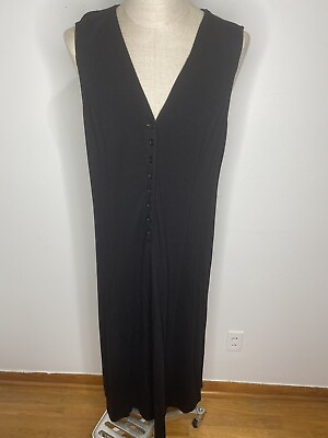 #ad Orvis Long Black Maxi Dress L Sleeveless V neck Button Front Modest $27.00