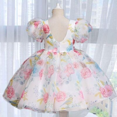 #ad Flower Puff Sleeve Dress Girls Princess Birthday Party Dress Kids Tutu Ball Gown $32.14