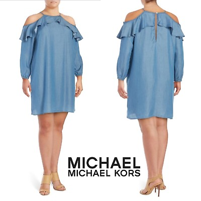 MICHAEL Michael Kors Cold Shoulder Ruffled Chambray Dress Denim Plus Size 1X $164.90