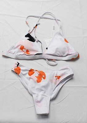 Kamoni Women#x27;s Floral Print V Neck Cheeky Bikini Set BE5 White Small NWT $9.90