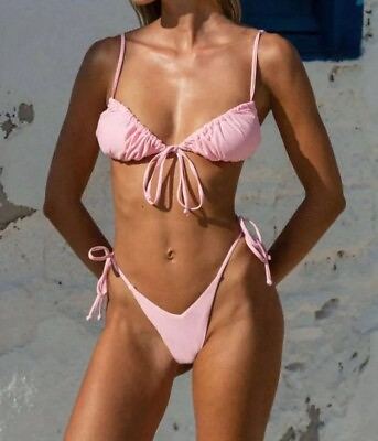#ad Women’s Swimwear Pink Thong Bikini Set Swimsuit High Waist S M Beach Triangle $26.60