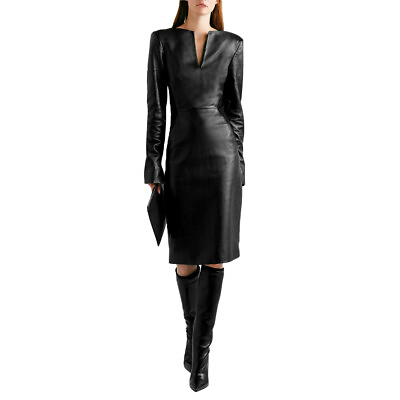 #ad Women Genuine Leather Dress Cocktail Party V neck Leather Overall Black Dress $179.99