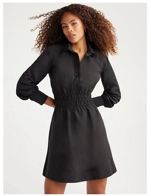 #ad Free Assembly Dress Small Smocked Waist Mini Shirt Dress Long Sleeve Structured $29.99