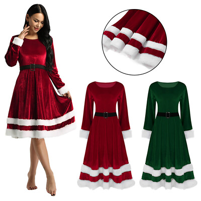 Women#x27;s Christmas Mrs Santa Claus Costume Velvet Fancy Dress for Cosplay Party $8.22