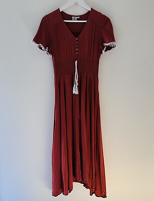 #ad Silver Wishes Maxi Long Boho Dress Size 8 Burnt Orange With Slit Oversize AU $29.89