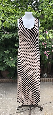 Style amp; Co Long Dress Large Brown Black Striped Sleeveless Maxi Scoop Neck EUC $10.00