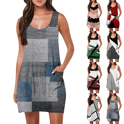 #ad Women Casual A Line Dress with Pockets Sleeveless Crew Neck Sundress Loose Dress $12.99