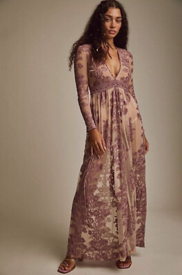 Free People For Love Of Lemons Temecula Maxi Dress FloralLace Purple Nude XS NWT $208.50