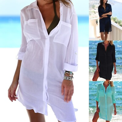 Ladies Swimsuit Coverup Solid Beach Cover Up Women Chiffon Holiday Button down $19.99