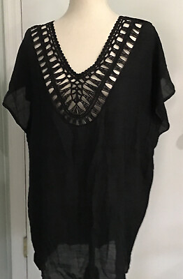 #ad Kona Sol Black Bathing Suit Cover Up Womens Short Sleeve BOHO Crochet Size M NEW $9.60