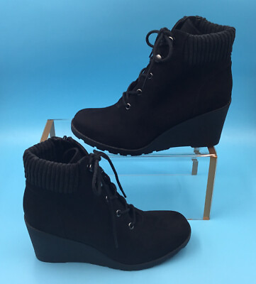 #ad Black Suede Wedge Ankle Booties Lace Up Side Zip Womens 7.5M $24.50