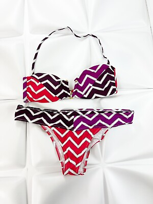 #ad Charlie by Matthew Zink MZ Mixed Zag Rosa Halter Bandeau Bikini Set Sz Large $32.03