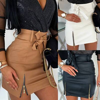 #ad Women High Waisted PU Leather Skirt Wet Look Zip Up Mini Bodycon Dress Clubwear $19.59