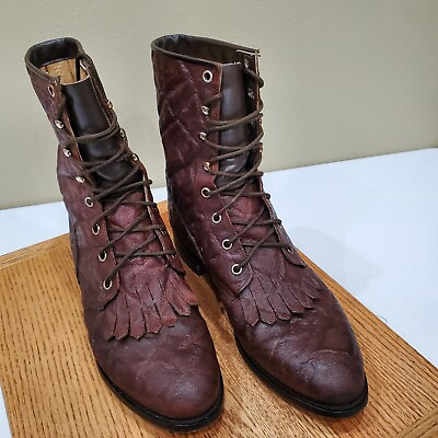 #ad J Diamond Womens Boots Size 8.5 Brown Textured Leather Western Cowgirl Lace Up $49.99