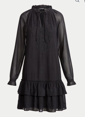 #ad NWT Lauren Ralph Lauren Embroidered Georgette Black little Dress sz 2 ruffle $100.87