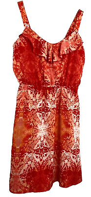 #ad Studio Y Women#x27;s Sun Dress Orange Bohemian Print Sleeveless Lined Sz: M Ruffles $8.17