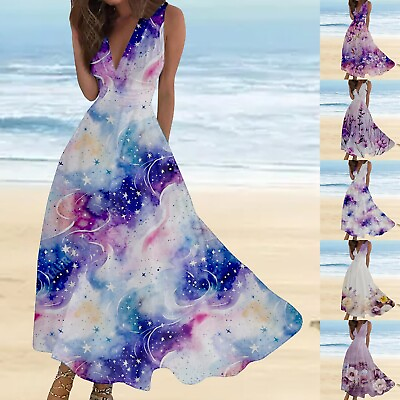 #ad Women Summer Sleeveless Wrap V Neck Dress Tie dyed Maxi Flowy Beach Sundresses $31.75