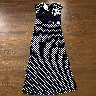 Athleta Dress Womens Medium Black Maxi Short Sleeve Pima Cotton Blend Striped $19.99