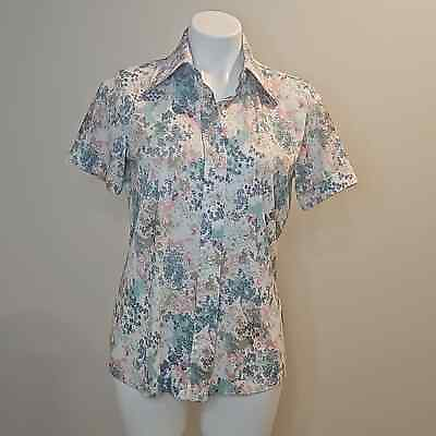 #ad Vintage Sears Perma Prest Floral Button up Short Sleeve Blouse sz 14 $18.92