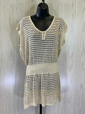 #ad Women#x27;s V Neck Sleeveless Crochet Swim Cover Up Dress One Size Beige NEW $15.99