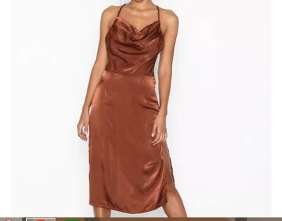 #ad Misguided Plus Brown Satin Cocktail Dress Midi Backless Strappy Women#x27;s Sz14 $33.55