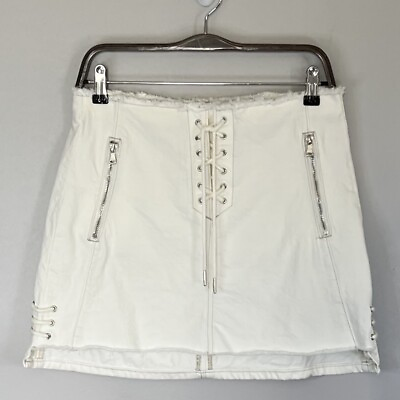 #ad #ad Blank NYC Women#x27;s Denim Mini Skirt Size 28 White Cream Lace Up Raw Edge Zipper $17.88