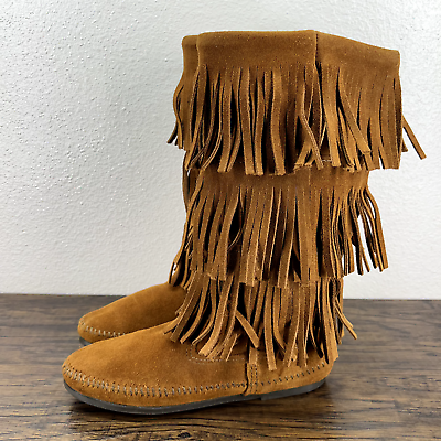 #ad Minnetonka Womens Boots Size 8 Brown Fringe Boho Tall Slip On Boots $34.88