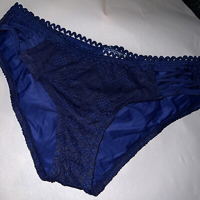 #ad Becca Swimwear Blue Crochet Hipster Bikini Bottom Moderate Coverage Small 34 36 $13.88