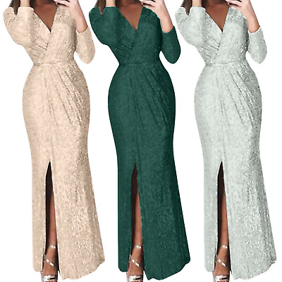 #ad Women#x27;s Sexy Dress Formal Gowns Evening Dress V Neck Party Club Long Slit Dress $31.51