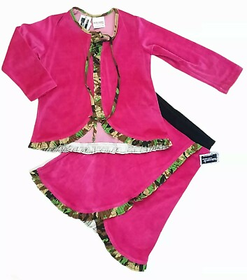#ad KidCosmic Girls Velour Top Skirt Set Pink w Camouflage 5 Ruffle Long Sleeve New $39.88