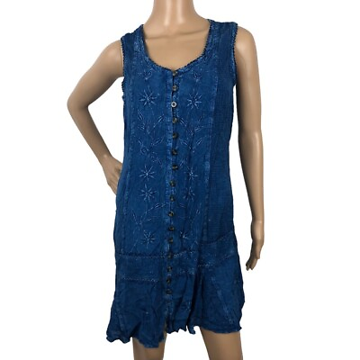 #ad Vintage Raya Sun Boho Embroidered Dress Button Up Floral Sleeveless Blue Size M $32.50