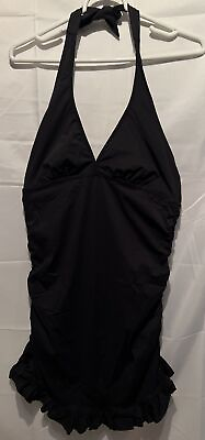#ad Retro One Piece Slimming Skirted Swimsuit Black Neck Tie Bathing Suit Ruffle $24.98