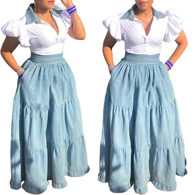 #ad NEW Fashion Women High Waist Solid Patchwork Clubwear Party Long Denim Skirts $33.08