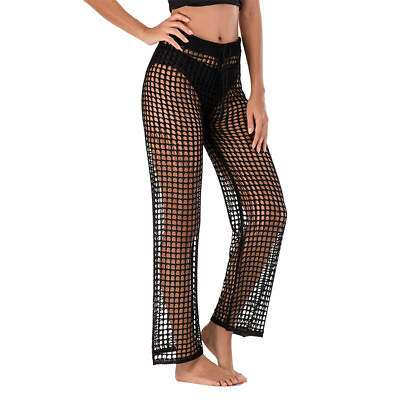 Women Hollow Out Crochet Net Swimsuit Cover Up Pants Elastic Waist Trousers $19.79