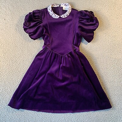 #ad Vintage Rare Editions Purple Velvet Party Dress Girls 4 Puff Sleeve Lace Collar $11.25