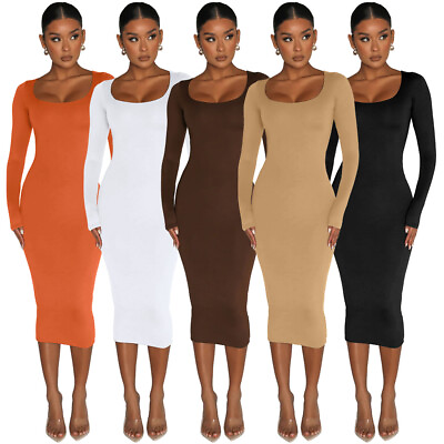 #ad #ad NEW Women Stylish O Neck Long Sleeves Solid Bodycon Clubwear Party Midi Dress $21.49