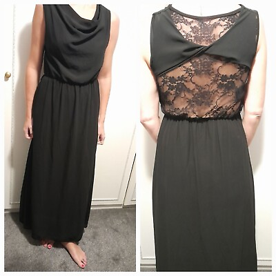 #ad Black Maxi Cocktail Dress Size 12 14 long Lace Back Elasticated Waist GBP 9.99