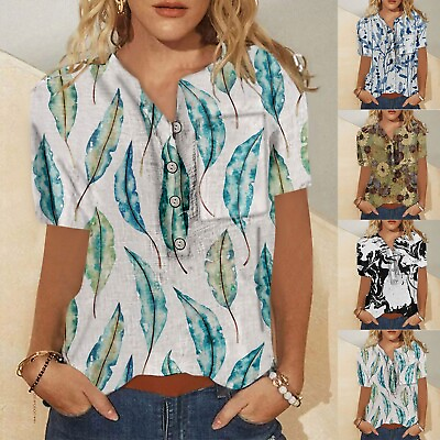 #ad Women V Neck Printed Short Sleeve T shirts Ladies Casual Blouse Tops Plus Size $14.92