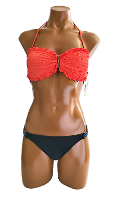 #ad Vix Sofia Smocked Bandeau bikini set sz M orange black $48.00