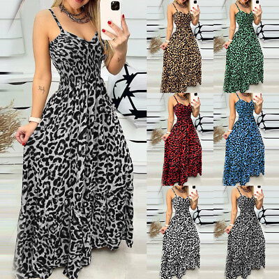 #ad Sexy Women Leopard Long Maxi Dress Summer Beach Strappy Swing Sundress Plus Size $32.79