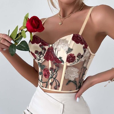 #ad Women Bustier Corset Top Mesh Floral Embroidery Going Crop Out Party Tops $15.99