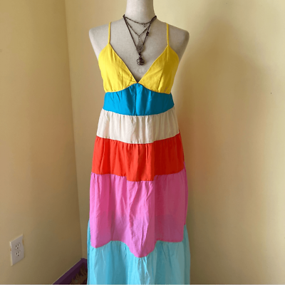 #ad HVFVE cami maxi dress tiered rainbow color block v neck cotton sundress large $50.00