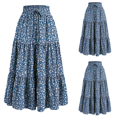 #ad Ladies Summer Beach Gypsy Dress Drawstring Flower Long Maxi Skirts Casual Dress $21.29