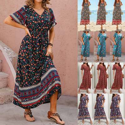 Women#x27;s Boho Floral V Neck Long Maxi Dress Ladies Summer Holiday Beach Sundress $20.69