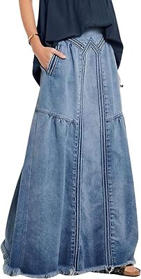 Women#x27;s Retro Elastic High Waist Frayed A Line Maxi Denim Skirt with Pockets $21.99