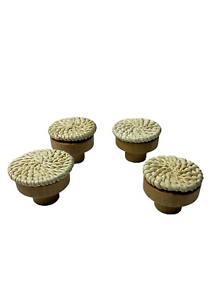 #ad Boho Rattan Dresser Knobs Round Wooden Drawer Handmade Wicker Woven Set Of 4 $9.95
