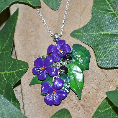 #ad #ad Violet Necklace Pendant Polymer Clay Flower Jewellery Floral Kitsch Boho Prom GBP 19.50