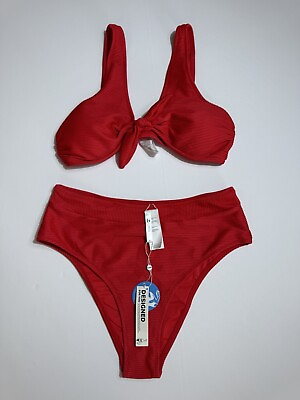 #ad CUPSHE Bikini Set for Women Two Piece Swimsuits High Waist Red Sz L $29.90