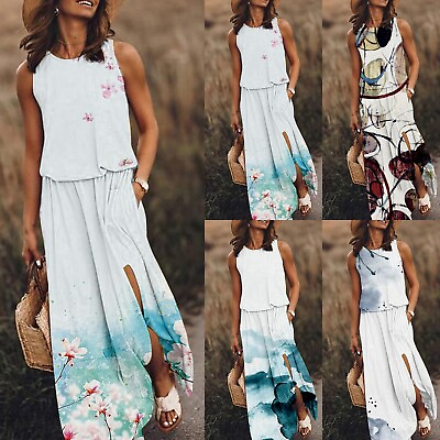 #ad Summer Dress For Women Sleeveless Round Neck Maxi Dresses Solid Color Fork $43.21