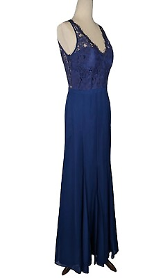 #ad Weddington Way Adrianna Papell Women Size 4 Maxi Lace Floral Navy Blue Dress $45.99